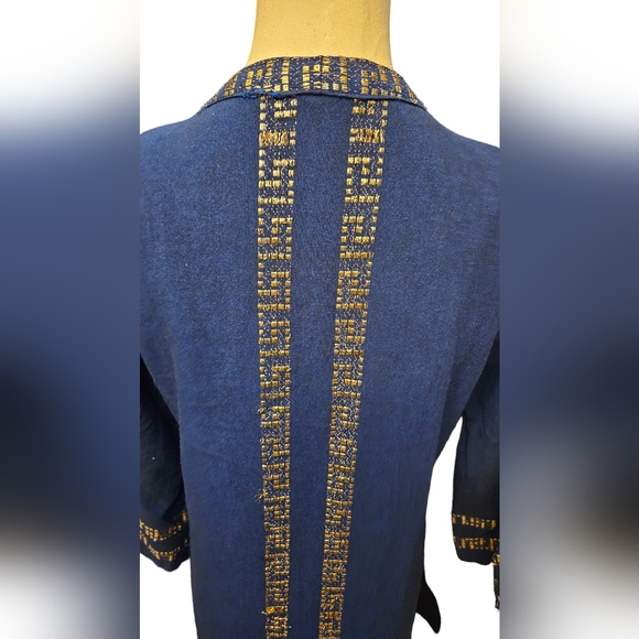 💝1970s Blue and Gold Brocade Caftan Maxi Dress - Picture 9 of 14